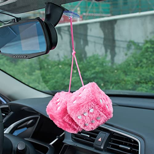 Image of 2.95'' Retro Fuzzy Plush Dice Car Charm Square Rear View Mirror Hanging Ornament Accessories, Pink