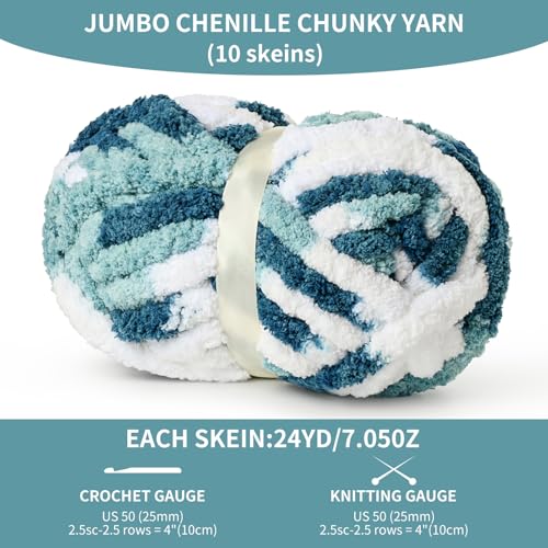 Image of 10 Pack Jumbo Chunky Yarn for Hand Knitting, Fluffy Variegated Chunky Chenille Yarn for Crocheting, 240yds /70.5oz Super Bulky Soft Crochet Baby Blanket Yarn(Fresh Blue)