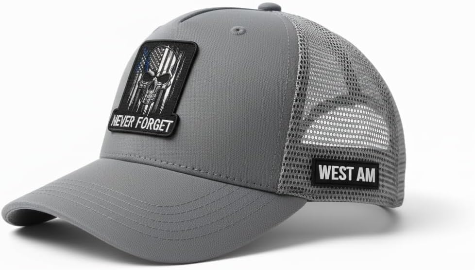 WEST AM Never Forget Trucker Hat - 3D Embroidered Skull Thin Blue Line American Flag Patch - Patriotic Snapback Cap for Men - Police Military Veteran Gift