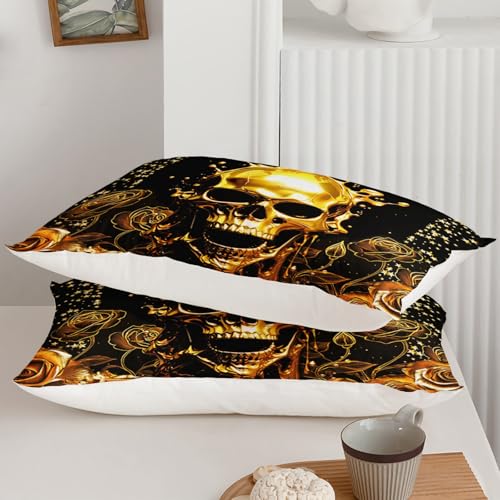 Image of QOOMO Skull Print Kids Bedding Set,Golden Flowers Comforter Set Queen Size for Boys Girls Teen Room Decorat,Soft Lightweight Bed Set All Season,1 Comforter 2 Pillowcases