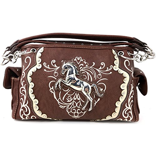 Justin West Horse Embroidery Studded Concealed Carry Handbag Purse Matching Wallet (Brown Handbag and wallet)2