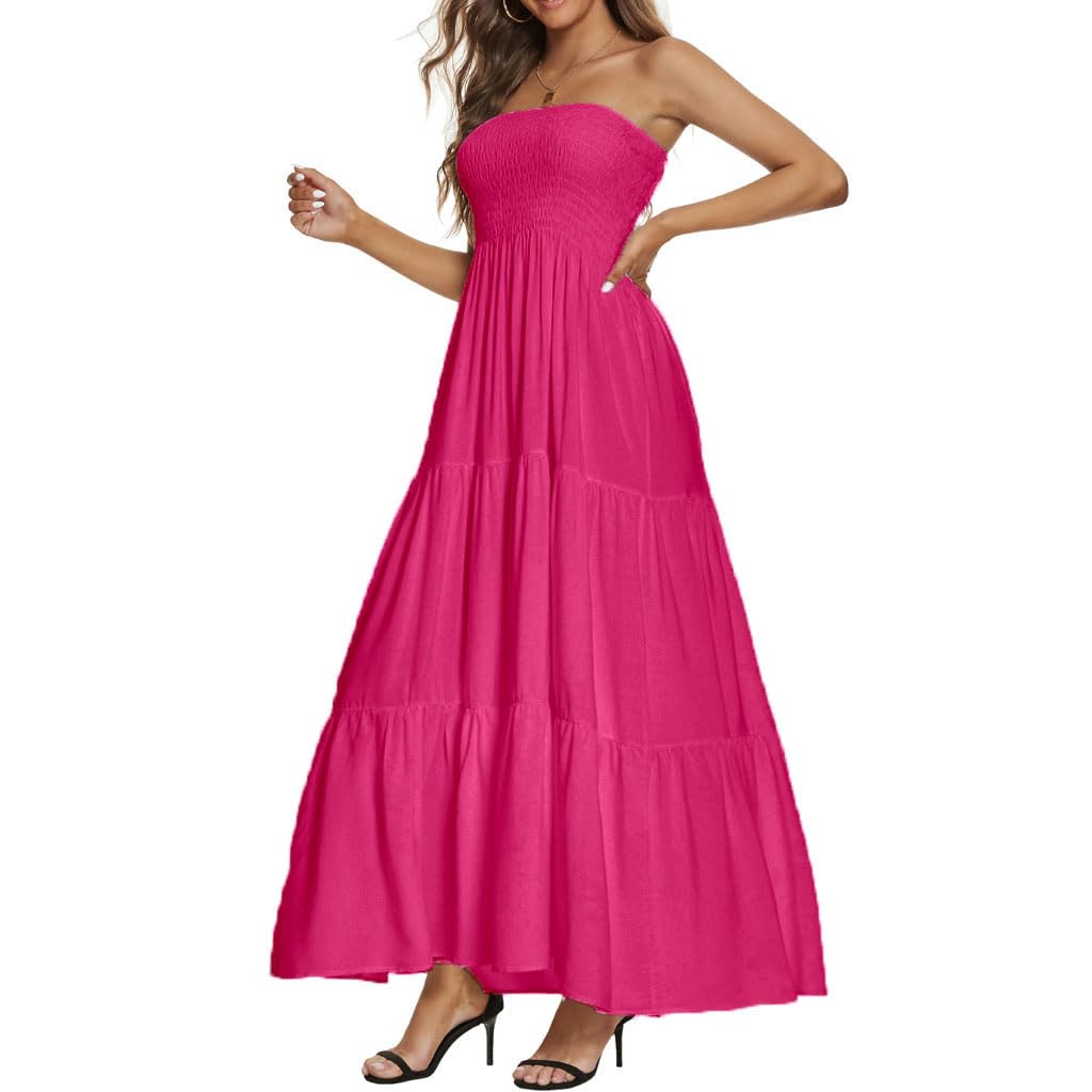 Women's Casual Off Shoulder Maxi Dress Strapless Tube Top Bohemian Beach Long Dresses 092