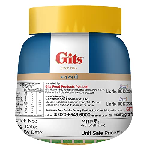 Image of Gits Cow Ghee 500 ml Jar | Pack of 2 | Aroma in every drop |Pure Veg, Pure Cow Ghee, Desi Ghee, No preservatives | Rich Taste & Aroma | Good source of Vitamin A, Delicious, Healthy & Nutritious | Good for Digestion, Heart, Skin and Hair | Homemade taste