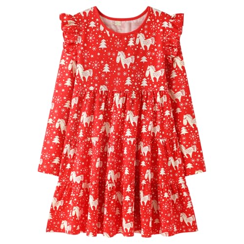 Image of Girl Long Sleeve Dress Ruffle Rainbow Color Block Cotton Casual Tiered Pleated Twirly Dress