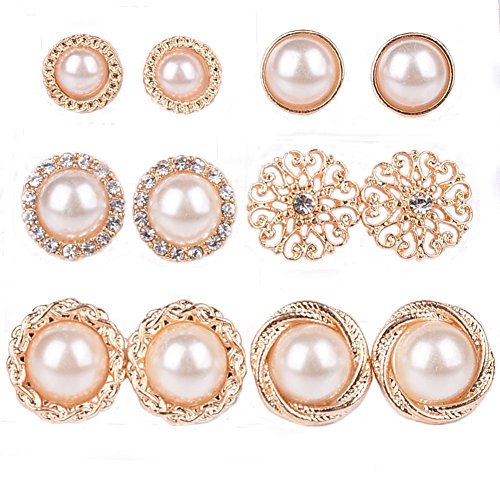 Shuning Assorted Faux Pearl Stud Earrings Set Circle Hemisphere 6 Pairs Shiny Goldtone