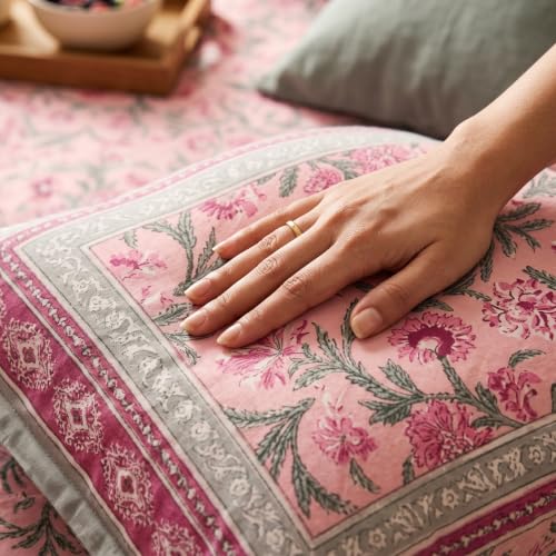 Image of Naksh Queen Size Bed Sheet Pink Floral Print 2 Pillow Covers | Pink Botanical Floral Print | Heritage Design for Queen Size Bedrooms