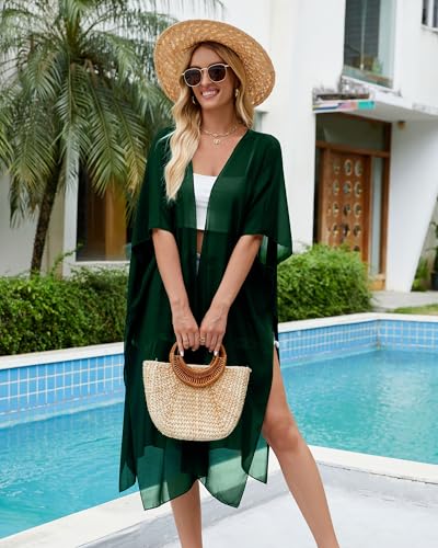 Hibluco Women's Summer Chiffon Floral Kimono Cardigan Long Swimwear Cover Ups2