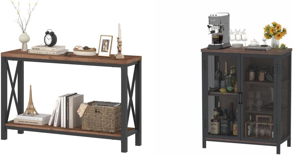 BON AUGURE 2 Tier Console Table and Coffee Bar Cabinet Bundle, Industrial Entryway Table and Small Storage Cabinet for Living Room, Kitchen, and Entryway (Rustic Oak)