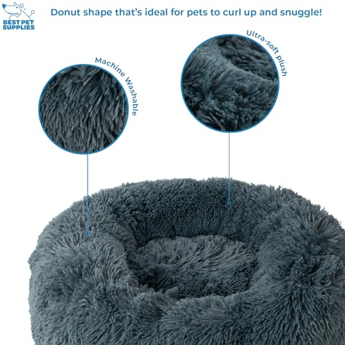 Image of Best Pet Supplies Round Calming Dog Bed for Small, Medium & Large Dogs, Plush Donut Cuddler Pet Bed w /Raised Rim for Head, Neck Support, Anti-Slip Bottom Washable Bed - Gray, 24 x 24 x 7