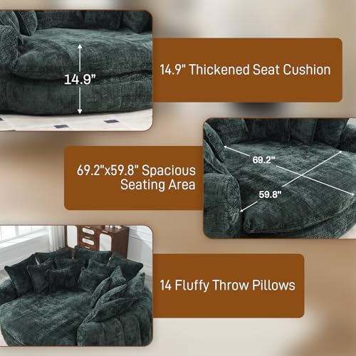 Image of 81 inch Round Sofa Bed Big Bean Bag Round Chaise Lounge Oversized Round Couch Boneless Reading Chair Plush Fluffy Chenille Large Chaise Chair for Living Room, Bedroom, Apartment, Olive Green