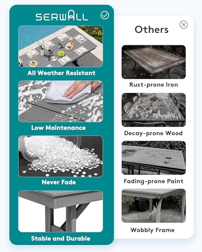 Image of SERWALL Outdoor 84 inch HDPE Dining Table with Umbrella Hole for 6-8, Gray | 9-piece HDPE 84 inch dining table, Ideal for Outdoor Gathering