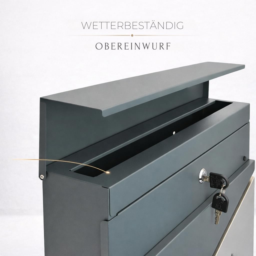Verda Briefkasten mit Zeitungsfach, Edelstahl, 2X Schlüssel, Anthrazit Postkasten Designer Wandbriefkasten, Schloss unter dem Deckel versteckt, Zeitungsrolle, modern (SN3693-1)