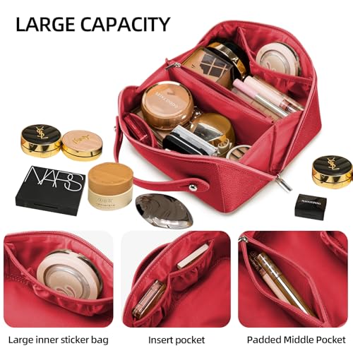 Travel Makeup Bag,Large Capacity Cosmetic Bags for Women, PU Leather Waterproof Portable Pouch Open Flat Toiletry Bag Make up Organizer with Divider and Handle (red)4