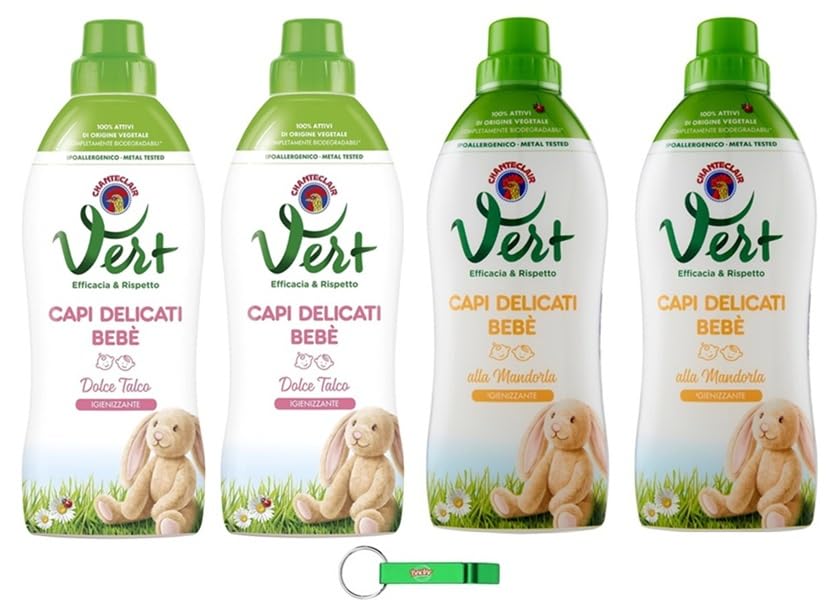CHANTECLAIR VERT Detergente para niños paquete de prueba almendra/talco Detergente líquido Capi Delicati Bebè – Detergente higiénico para ropa delicada – 4 x 750 ml