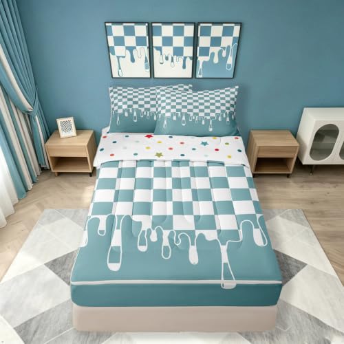 Image of Light Blue Checkered Full Lightweight Zipper Bedding Set,Checkerboard Drip 4 Piece Comforter with Fitted Sheet & Pillowcases,Indie Aesthetic Funky Modern Geometric All Season for Kids Zip Up Blanket