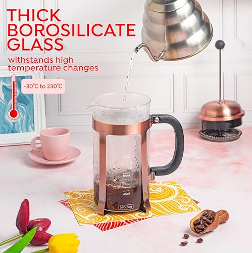 Image of Sipologie Vintage Copper French Press Coffee Maker 1000ml, Copper, 4-Level Filtration, Heat Resistant Borosilicate Glass, Stainless Steel Housing, Measurement Marking, Coffee Spoon, Extra Filter Mesh