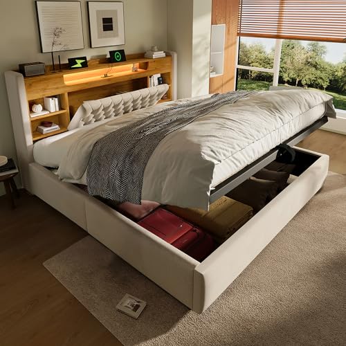LAKFEW Cama Matrimonio 180x200 cm con USB y LED, Camas Matrimoniales Tapizada con Cabecero de Almacenaje Abatible y Almacenamiento Hidráulico, Cama Canape, Beige, Sin Colchón