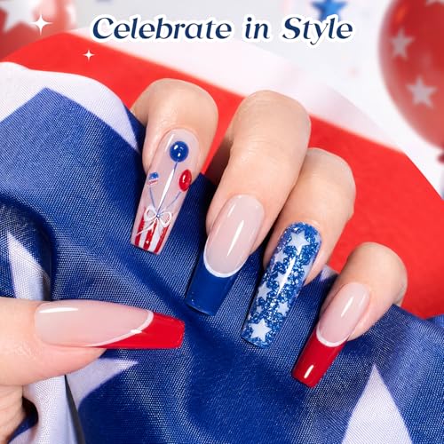 Image of Beetles 4th of July Gel Nail Polish Set, 6 Colors Red White Blue Cat Eye Gel Polish Sliver Glitter Gel Polish with Magnet & Stickers, Patriotic DIY Nail Art Gift for Women