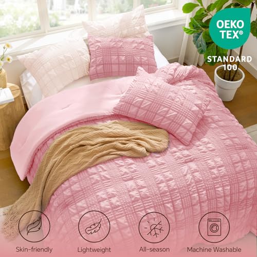 Image of BEDELITE Queen Comforter Set, Seersucker Bedding Set 3 Pieces, Pink | All Season Use, Machine Washable, Soft and Lightweight, Ruched Comforter for Bedroom, Wrinkle-Resistant, Cozy and Stylish