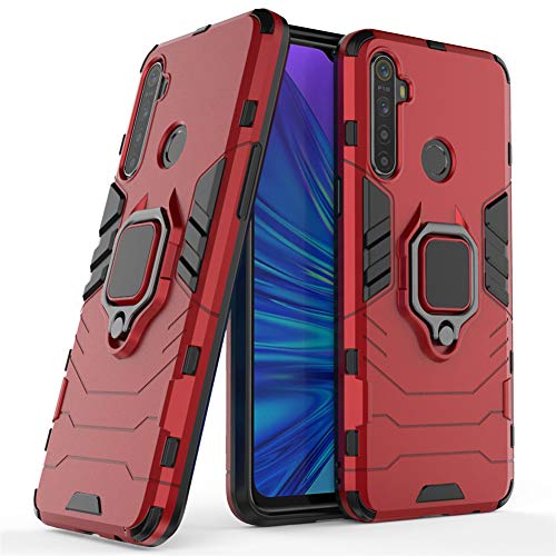 Compatible with Oppo Realme 5, Realme 5i Case, Metal Ring Grip Kickstand Shockproof Hard Bumper (Works with Magnetic Car Mount) Dual Layer Rugged Cover (Red)