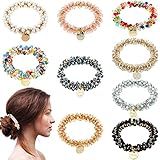 9 Pcs Hair Ties Crystal Elastic Hair Scrunchies Stretchy Hair Accessories Bead Ponytail Holders Boho Hair Elastics Ties Handmade Hair Bands for Women and Girls Rubber Bands (Cute Style)