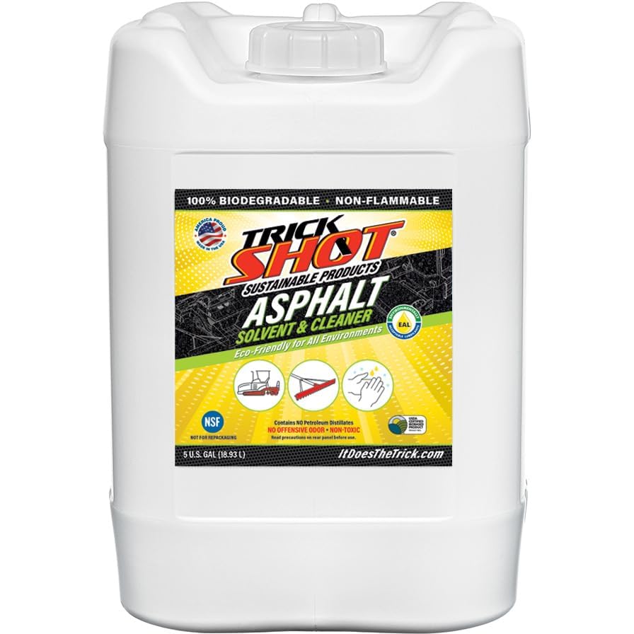 Trick Shot Asphalt Solvent and Cleaner - Biodegradable Industrial Degreaser for Paving Equipment & Tools - Eco-Friendly Remover of Tar, Tack, Sealcoating Oil, & Bitumen, Made in USA (5 Gallon Can)
