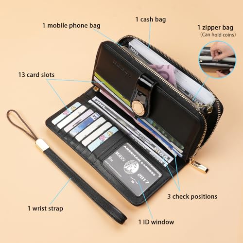 Ladies' fashionable leather wallet, large capacity with multiple card slots, zipper and snap closure, RFID shielded credit card holder for protection, long wallet with wrist strap (Black)2