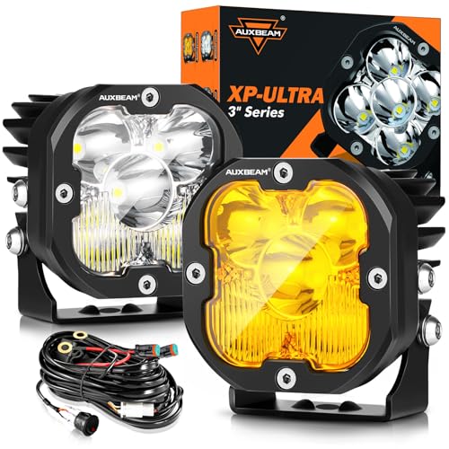 Auxbeam 3 Inch Led Pods Amber Fog White Off Road Driving Light XP-Ultra Series Spot Flood Combo Offroad LED Bar Cube Lights 80W Auxiliary Ditch Lights with White/Amber Light Covers, Pair