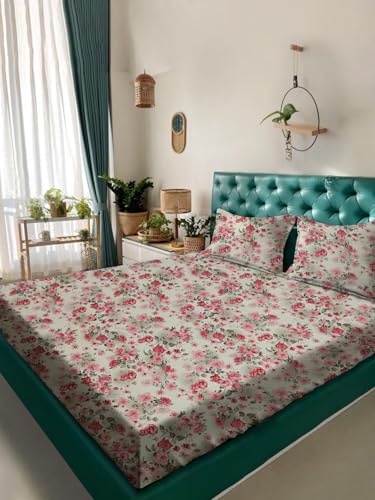 Image of ROSARAHOME 180 TC Microfiber Flat Queen Size Double Bed Bedsheet with 2 Pillow Cover| Bedsheet:240cmx225cm Pillow Covers:45cmx70cm,Floral Red