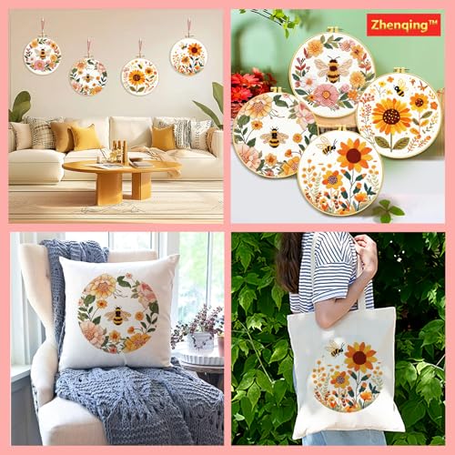 Image of Zhenqing Bee & Flower Garden Cross Stitch Kit for Beginners - 4 Pre-Printed Designs with Hoop, Threads & Complete Tools(68059)