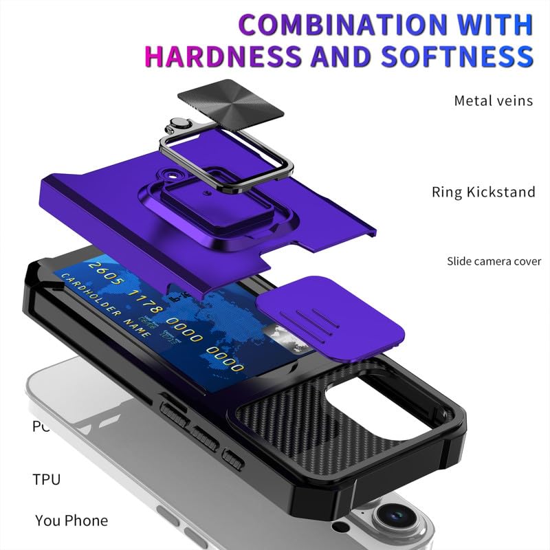 Image of LuxuryKase Shockproof Armor Case for iPhone 17 | Slide Camera Cover | Hidden Card Slot | Rotating Ring Kickstand | Magnetic Car Mount Support | Military Grade Protection - Purple