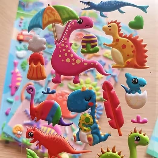 Image of Cots and Cuddles 3D Puffy 120+ Dinosaur Stickers 3D T-Rex, Spinosaurus, Triceratops, Diplodocus Scrap Book Decoration for Boys & Girls |4 Strap, Dinosaur Sticker, Plastic, Multicolor
