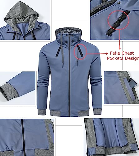 Image of YuKaiChen Men's Hooded Jacket Slim Fit Double Zipper Turtleneck Fleece Hoodie Outerwear