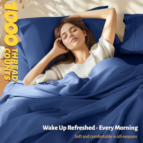 Shilucheng 100% Egyptian Cotton Queen Size Sheets Set - 1000 Thread Count,Luxury Cotton Bed Sheets,Breathable & Cooling Bedding and Pillow Cases, 16 Inch Deep Pocket - 4 Piece (Navy Blue, Queen)