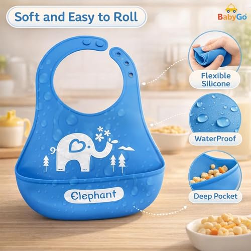 Image of BabyGo Silicone Baby Bibs | Waterproof Adjustable Feeding Bibs for Infants & Toddlers, Soft, Washable, Easy-Wipe & Reusable Baby Apron Bibs for Mealtime | Set of 2 (Multicolor)