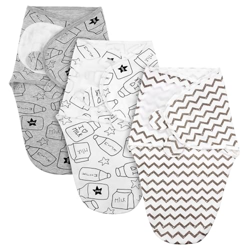 AYBUY Coperta Neonato Swaddle, 3 Pezzi Sacco per il Sonno Ergonomico, Copertina Avvolgente Regolabile per Neonato, Morbido e Confortevole, Adatto per Neonati 0-3 Mesi (Biberon grigio)