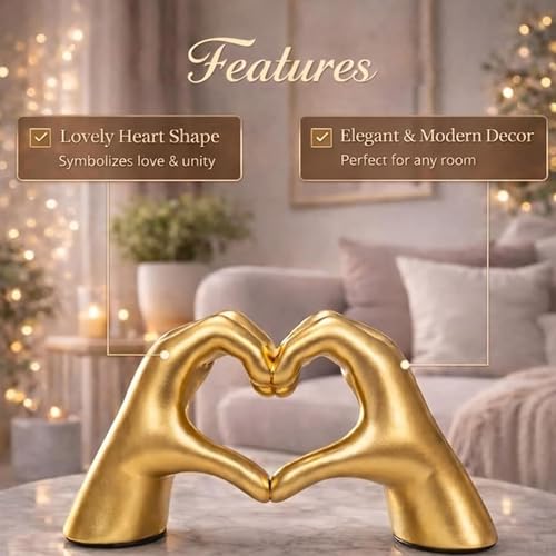 Image of Kuber Industries 4.5x2 Inch Heart Shape Hand Resin Showpiece for Home Decor | Romantic Couple Hand Statue for Office /Living Room /Table /Bookshelf /Desk | Golden