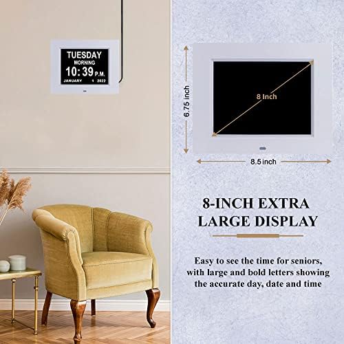 Golony 2023 Version Digital Calendar Day Clock for Elderly, Extra Large Day Date Time Dementia Clocks with 12 Alarms for Vision Impaired, Memory Loss, Senior, Alzheimer (8 white)