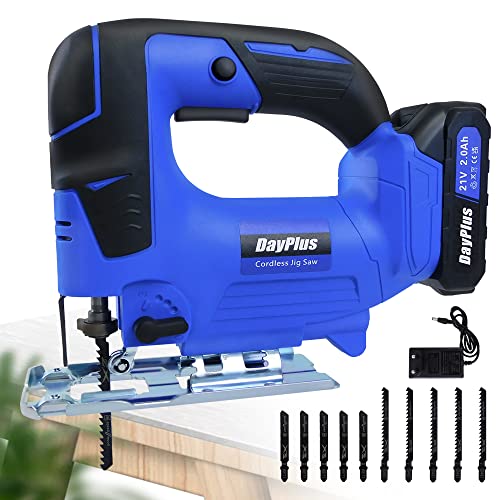 Electric Jigsaws Tool Cordless Mini Jigsaw with Battery and Charger for Wood, Soft Metal, Tile and Plastic Cuts, Angle Cut ± 45 °, 4 Orbital Sets, Tool-Less Blade Change, 10pcs Saw Blades