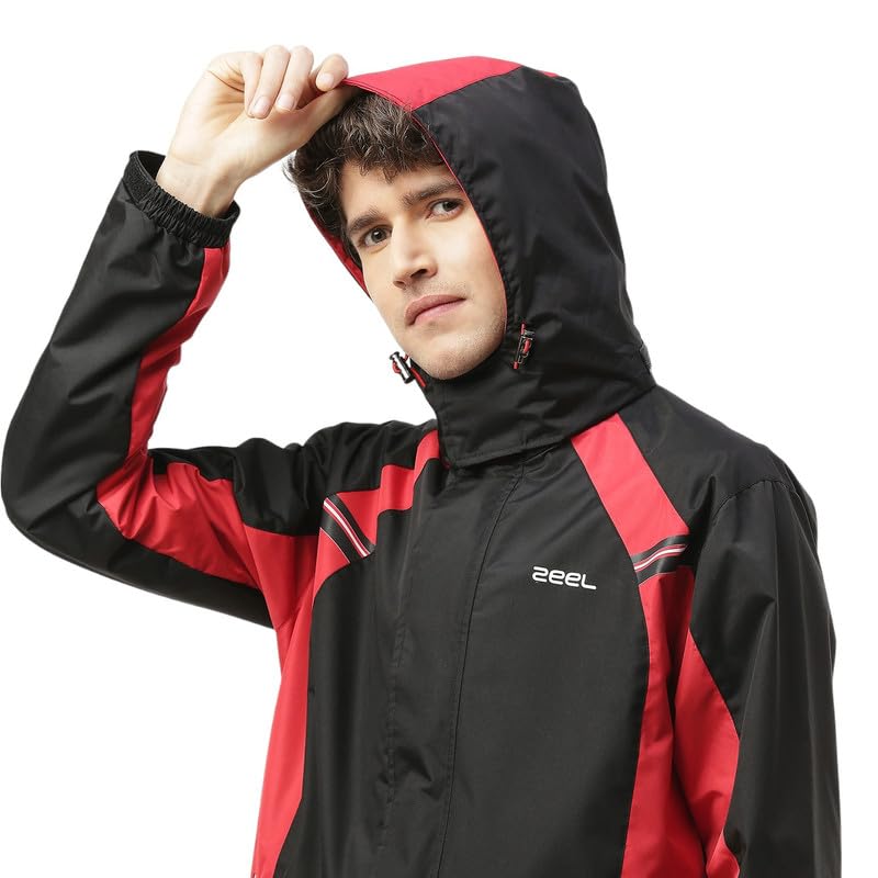 Image of ZEEL Rain Coat for Men Waterproof for Bike Riders with Adjustable Hood along with inner pockets,Waterproof Raincoat with Polyester Jacket,Pants and Waterproof Drawstring Bag