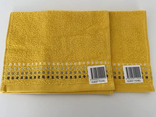 Jansons Direct Linens 2 x 100% Cotton Guest Size Towel In Ochre Yellow with Grey Stitch Design 30cm x 50cm