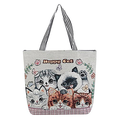 Image of Women's Canvas Cat Print Shoulder Bag - Cat Graphic Hobo Crossbody Handbag