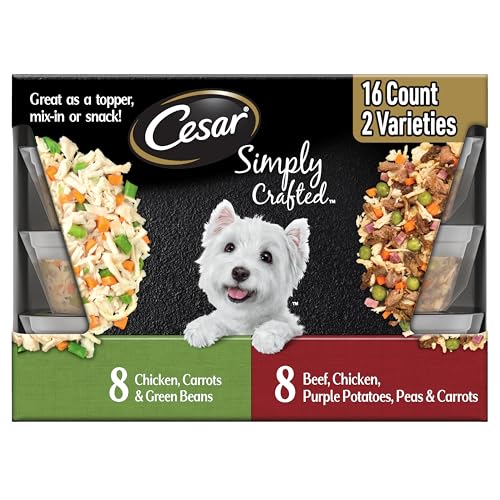 Image of Cesar Simply Crafted Wet Dog Food Toppers for Dry Food, Chicken, Carrots & Green Beans and Beef, Chicken, Purple Potatoes, Peas & Carrots Meal Topper, 1.3 oz. Tub, 16 Count