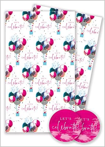 Wrapping Paper 12373A"Party Balloons" Gift Wrap Pack with 2 Sheets & 2 Tags, Plastic Free & Fully Recyclable, Multicoloured