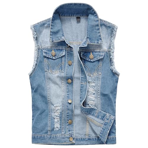Men's Button Up Ripped Sleeveless Waistcoat Vintage Denim Jean Jacket Casual Slim Fit Button Down Jeans Vests