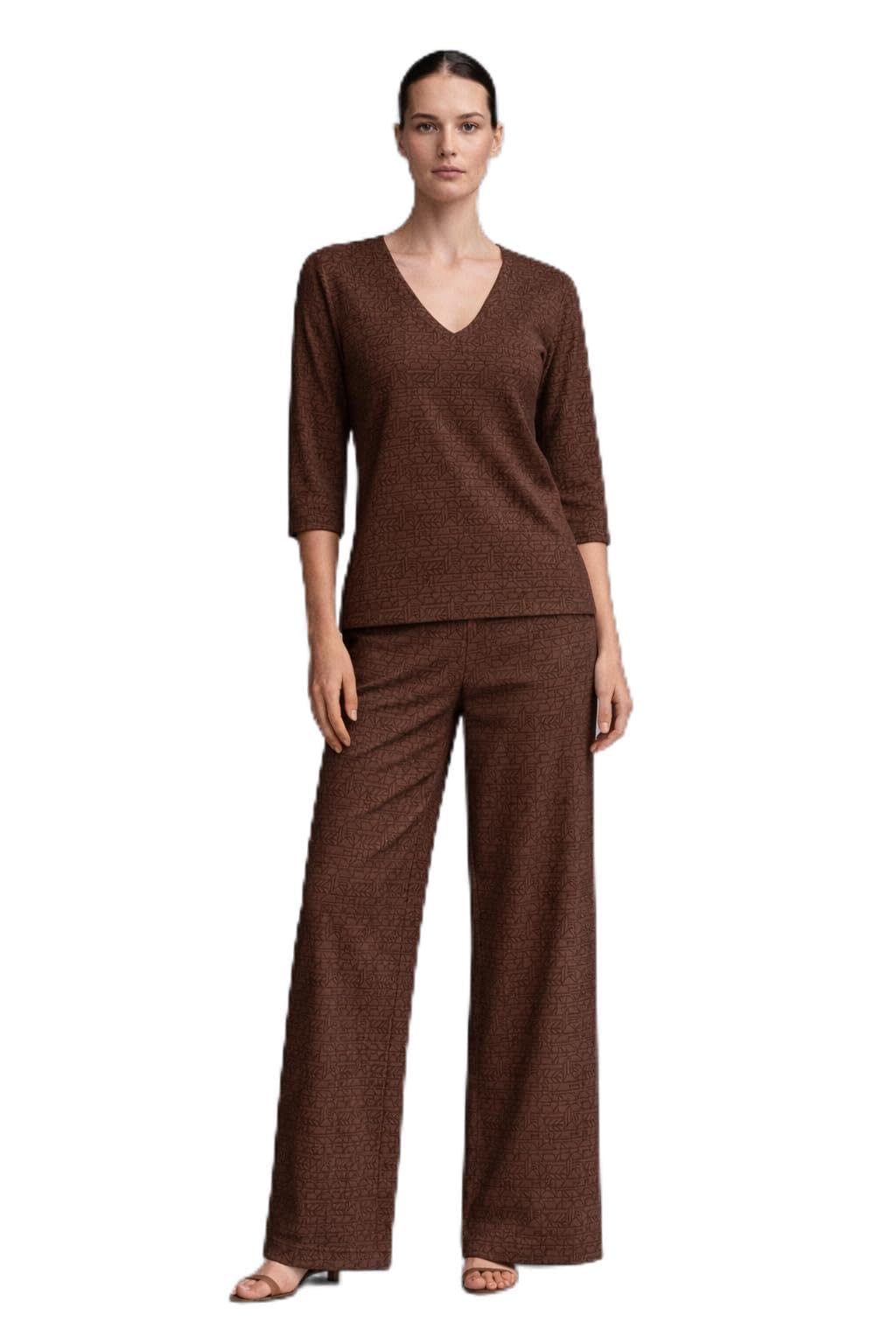 Luxe Texture Co-ord Set for Women, Jacquard Solid V-Neck Top with 3/4 Sleeves and Wide Leg Trouser Pants, Relaxed Fit, 2 Piece Set (Coffee, M)-picture-42