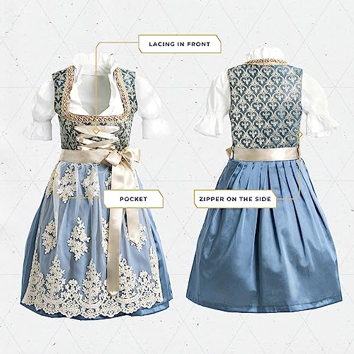 BAVARIA TRACHTEN Women's Blue Gold Dirndl Dress - Authentic Dirndl, Oktoberfest Outfit, Summer Collection, S2
