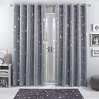 Dreamscene Galaxy Thermal Blackout Curtains Pair of Eyelet Ring Top Panels Kids Metallic, Silver Grey Moon Stars, Width 46 x Drop 72