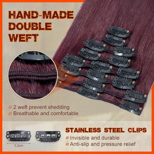 Image of Benehair Clip in Hair Extensions Real Human Hair, Long Straight Hair Extensions Clip in Human Hair for Women, 100% Remy Natural, Full Head 8pcs 20inch #99J Wine Red