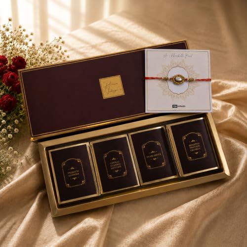 Image of NutriSnacsBox Luxury Rakhi Brown Hamper for Brother | Premium Cookies, Paan Shots, Protein Crunch & Choco Almond Nutties | 2 Decorative Bhaiya Rakhis, Wooden Keychain, Roli Chawal & Greeting Card | Festive Gift Box